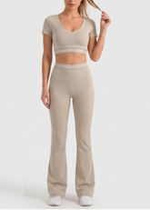 Flared Activewear Set – Crop Top & High-Waist Pants 2-Piece -Beige