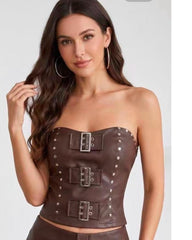 Faux Leather Buckle Tube Top & Studded Shorts Co-Ord Set