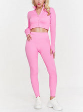 Activewear Set – Zip Crop Top & High-Waist Leggings -Pink