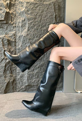 Leather Knee-High Boots Zipper Detail Wedge heel -Black