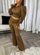 Quilted Puff Sleeve Gold Button Top & Trousers Co Ord -Brown