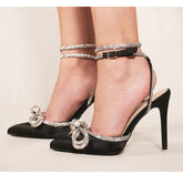 Pointed Toe Heels Diamante Bow -Black Satin