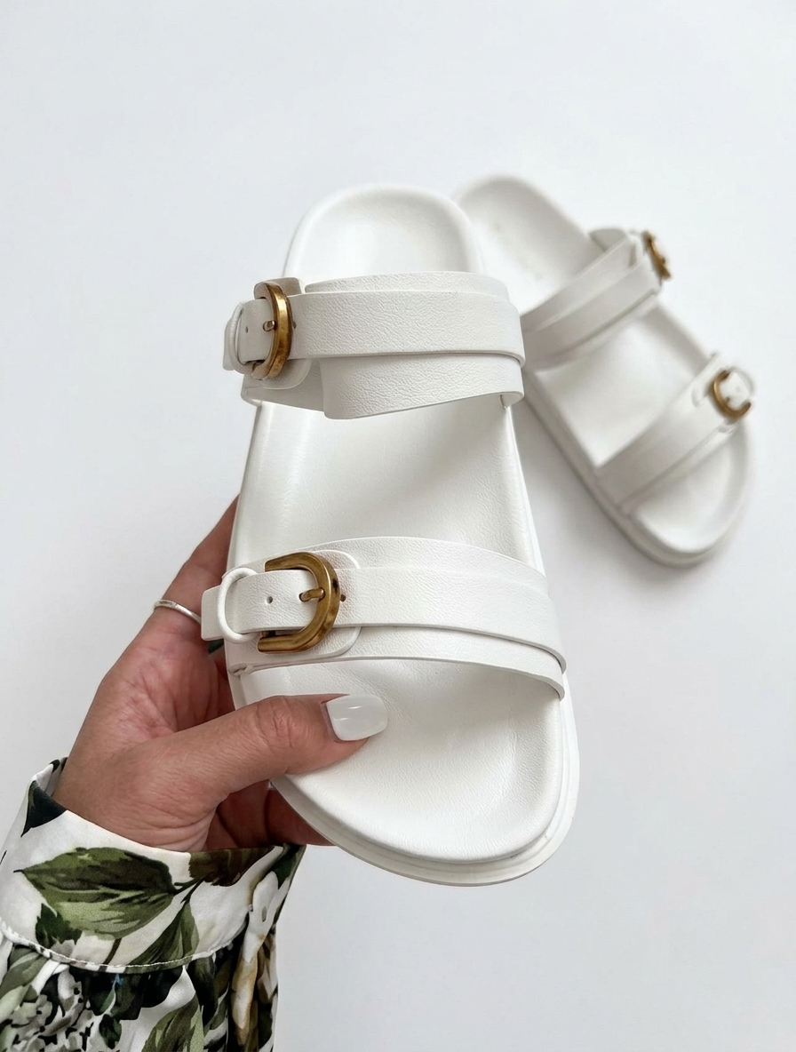 Double-Buckle Platform Slide Sandals -White