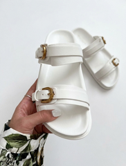 Double-Buckle Platform Slide Sandals -White