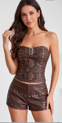 Faux Leather Buckle Tube Top & Studded Shorts Co-Ord Set