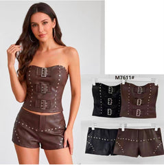 Faux Leather Buckle Tube Top & Studded Shorts Co-Ord Set