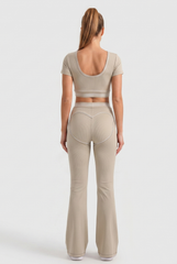 Flared Activewear Set – Crop Top & High-Waist Pants 2-Piece -Beige