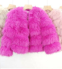 Kids: Fur Jacket Front Zip Fastening -Fuchsia