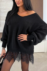 Lace Jumper Dress Patchwork Long Sleeve Sweater -Black