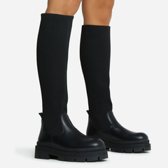 CHUNKY SOLE KNEE HIGH SOCK BOOT -Black