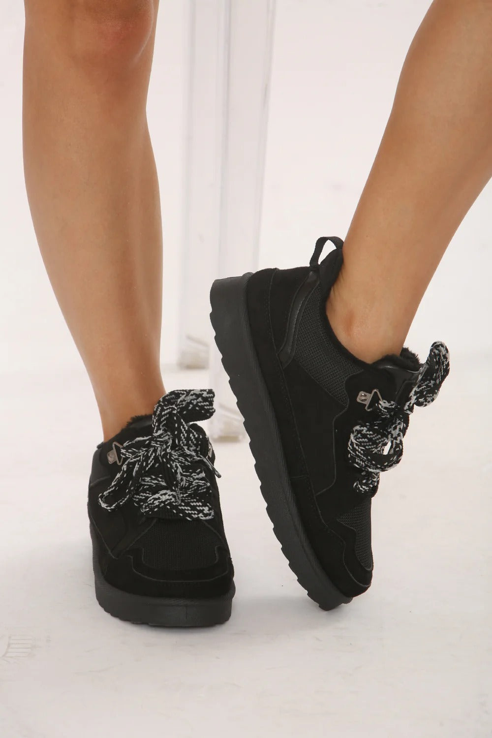 Faux Suede Trainers Lace-Up -Black