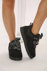 Faux Suede Trainers Lace-Up -Black
