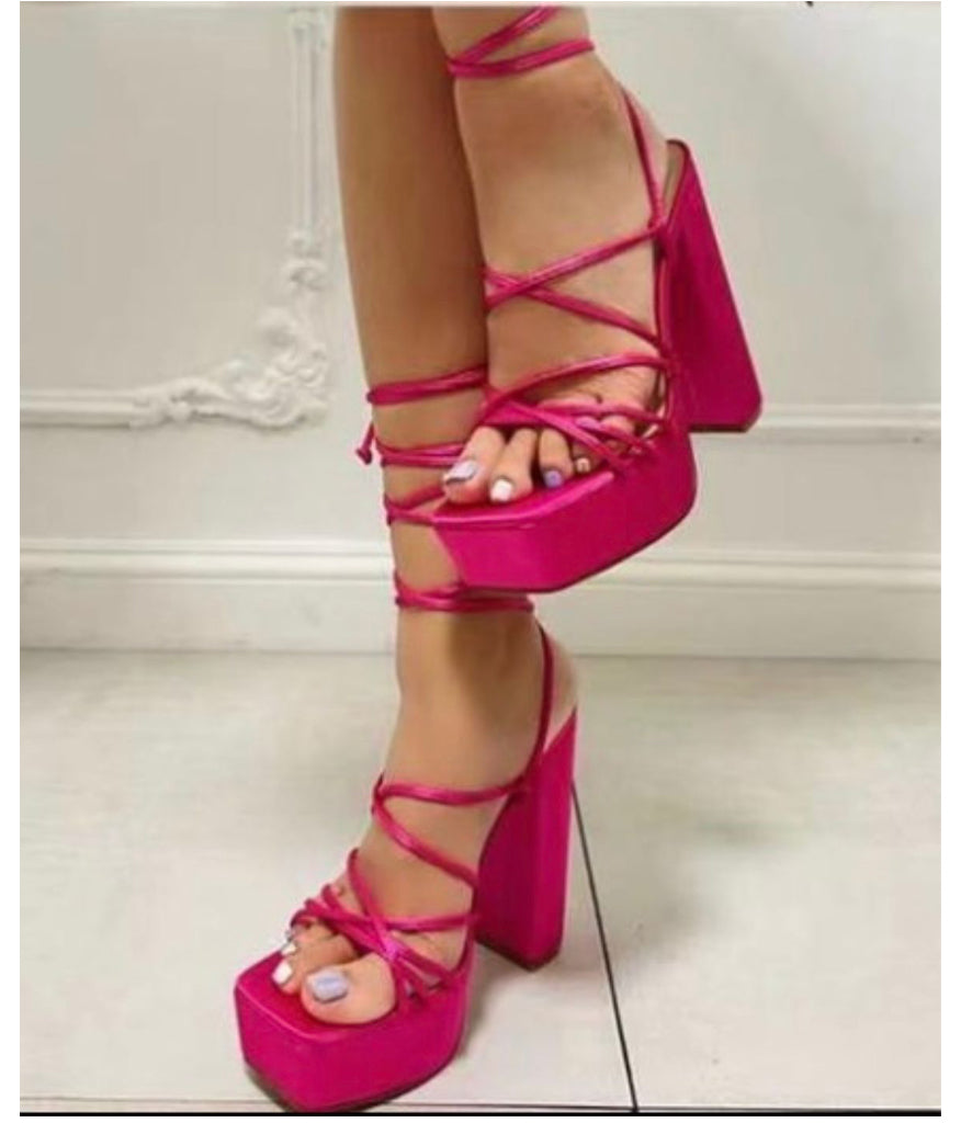 Lace Up Platform High Heels -Fuchsia