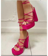 Lace Up Platform High Heels -Fuchsia