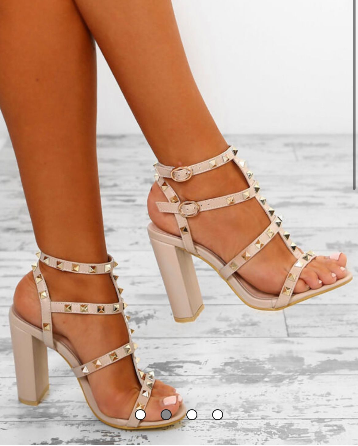 Studded Strappy High Block Heel -Beige