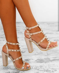 Studded Strappy High Block Heel -Beige