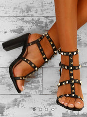 Studded Strappy High Block Heel -Black