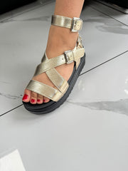 Cross Ankle Strap Chunky Sandals -Gold