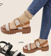 Platform Sandals with Buckle Strap -Camel