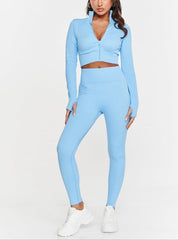 Activewear Set – Zip Crop Top & High-Waist Leggings -Blue