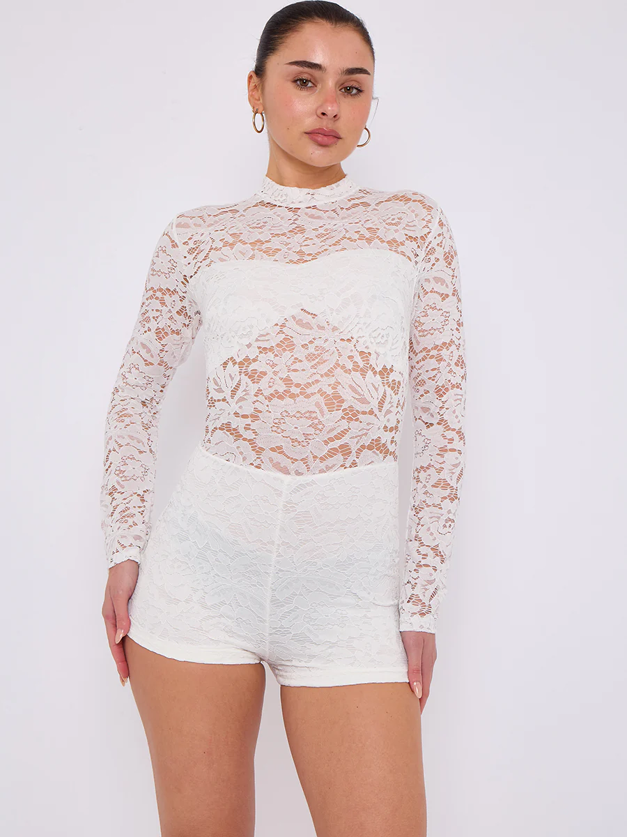 Elegance Lace Long Sleeve Romper Playsuit -White
