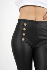 DOUBLE BUTTON FAUX LEATHER LEGGINGS -Black
