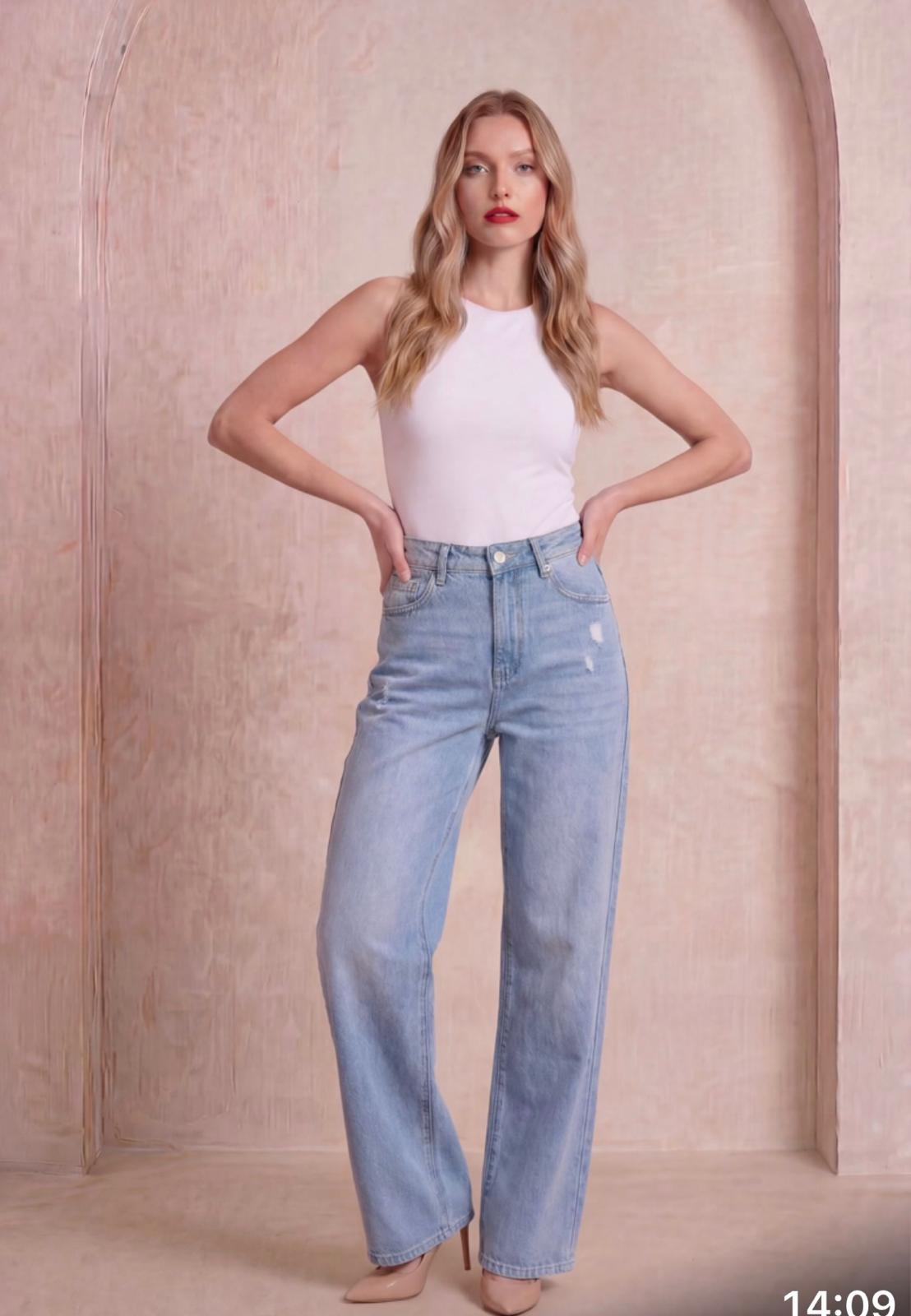 High-Waist Wide Leg Distressed Denim Jeans