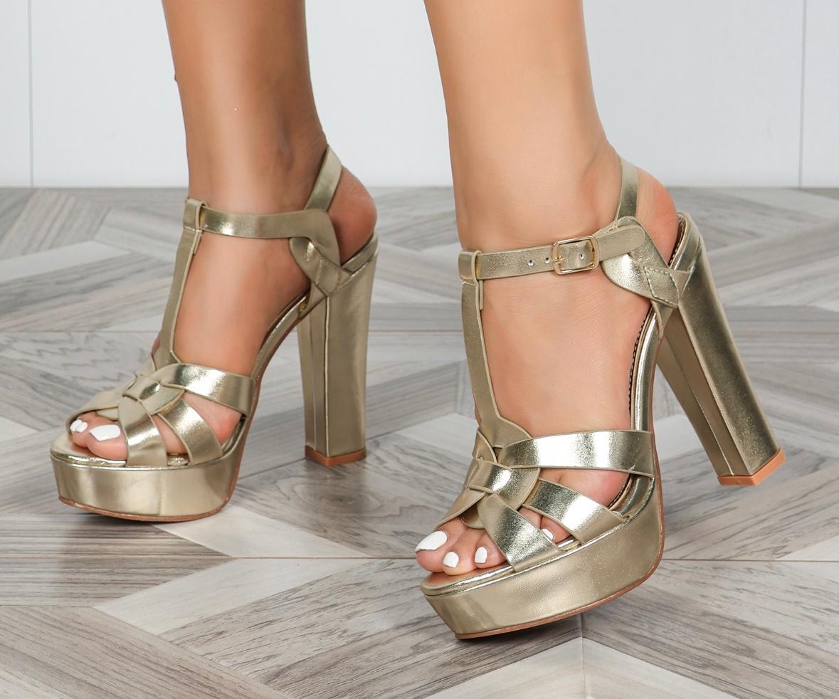 Amara Metallic Platform Block Heels –Champagne Gold