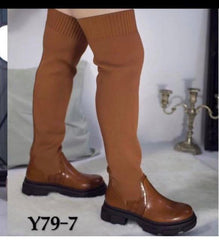 Ribbed Over-the-Knee Lug Boots -Brown