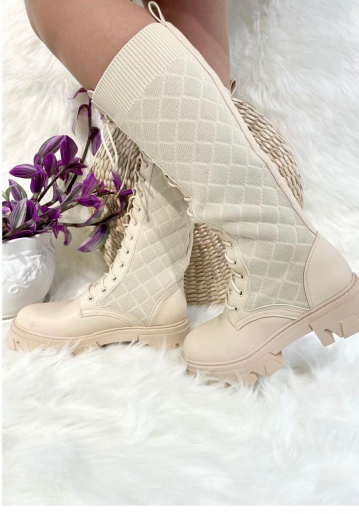 MID CALF BOOTS LACE UP -Beige