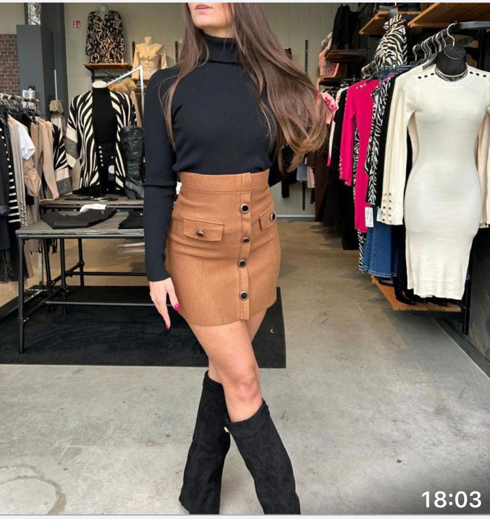 Button Front Skirt -Camel