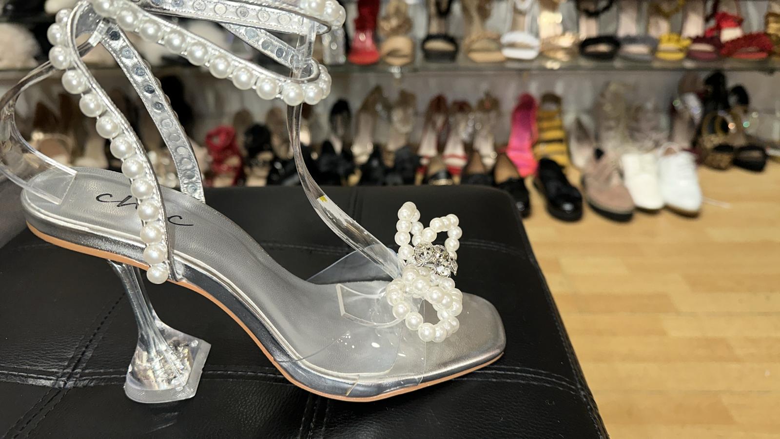 Pearl Bow Ankle Strap Stilettos -Silver