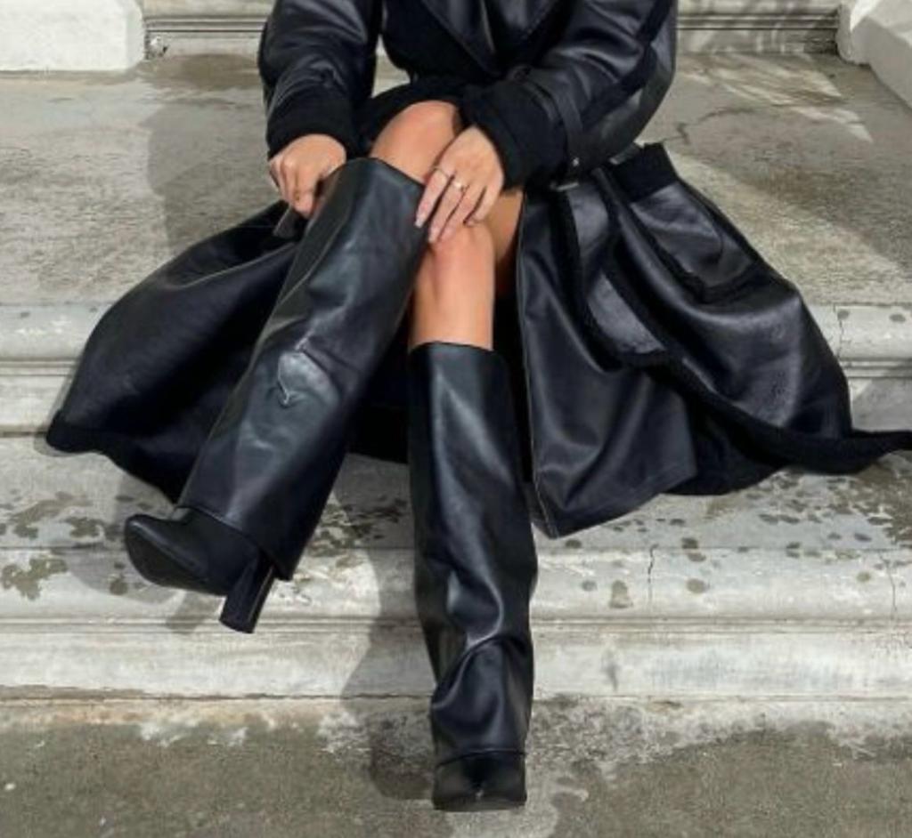Fold Over Shark Classic Buckle Knee High Boot -Black
