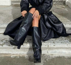 Fold Over Shark Classic Buckle Knee High Boot -Black