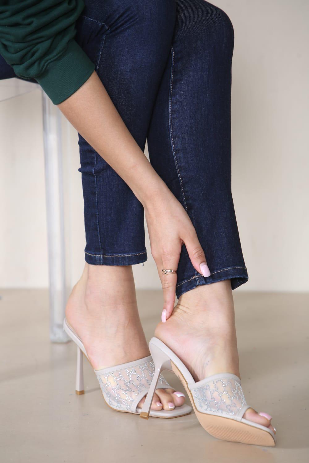 Elegant Lace Mesh Stiletto Heels -Beige