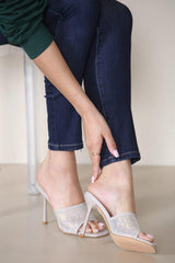 Elegant Lace Mesh Stiletto Heels -Beige