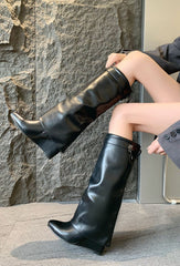 Leather Knee-High Boots Zipper Detail Wedge heel -Black