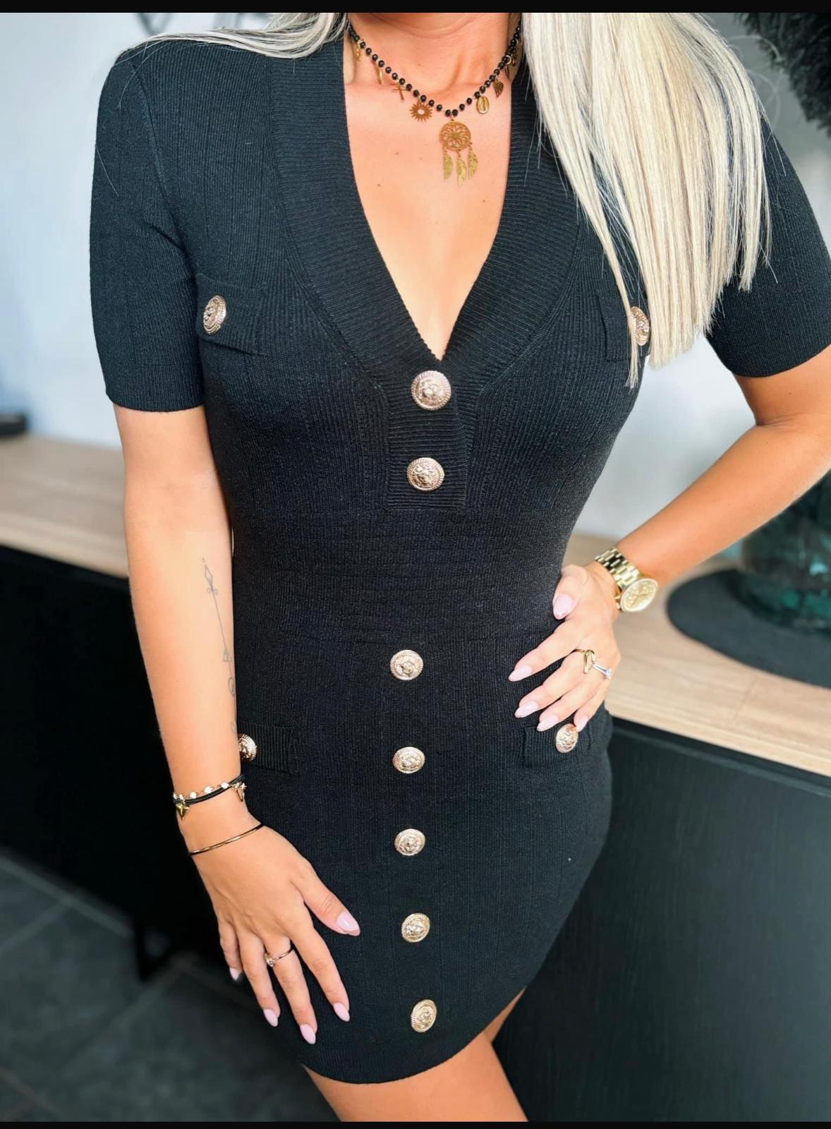 Ribbed Button-Down Knit Dress with Gold Buttons -Black