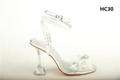 Pearl Bow Ankle Strap Stilettos -Silver