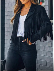 Cropped Tassel Fringe Faux Suede Jacket -Black