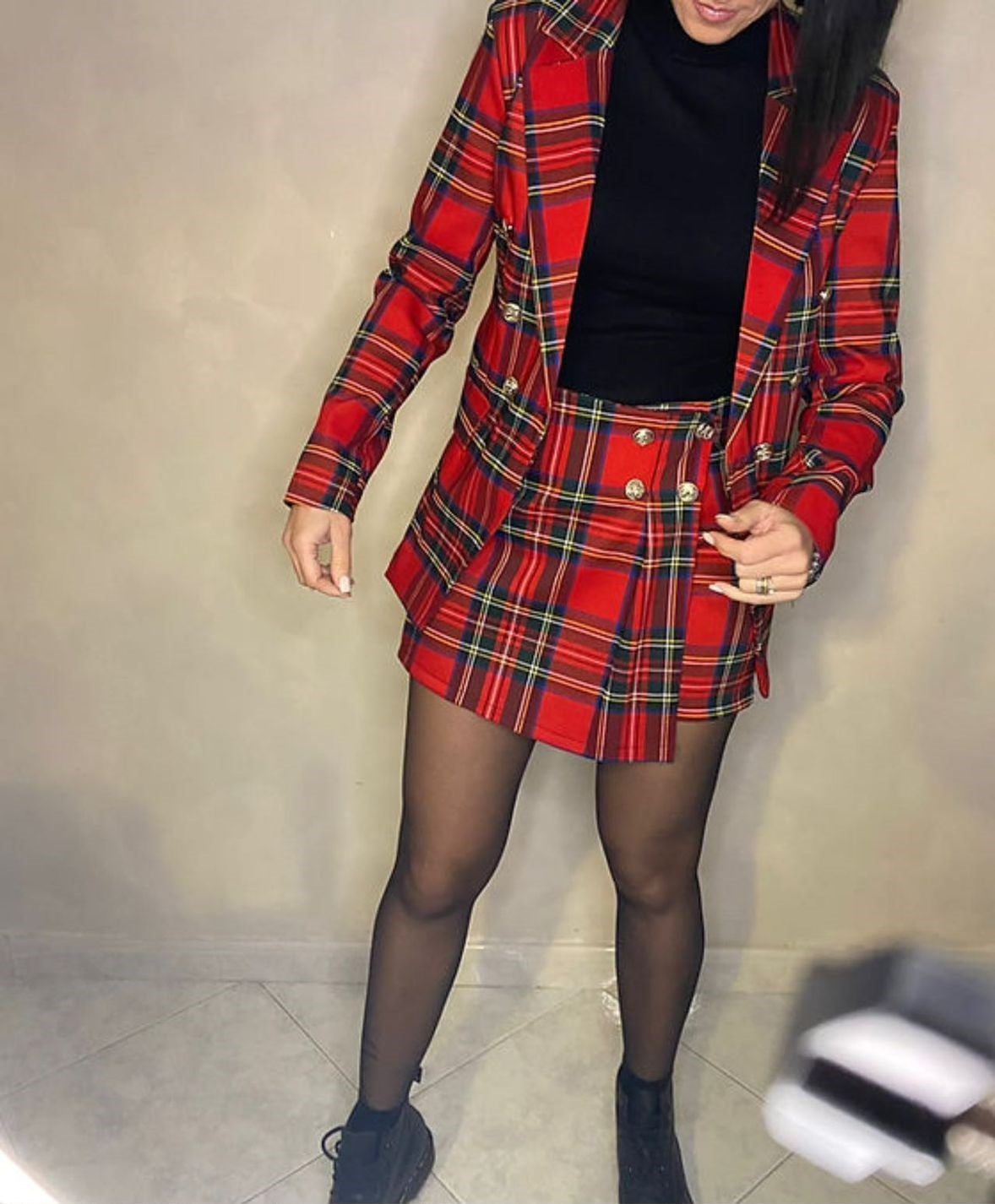 Tartan High-Waist Button Detail Mini Skirt