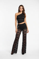 Floral Lace One-Shoulder Top & Flared Pants Co-Ord Set -Black