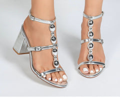Luxe Metallic T-Strap Block Heel Sandals -Silver