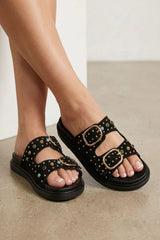 Studded Double Buckle Comfort Slide -Black