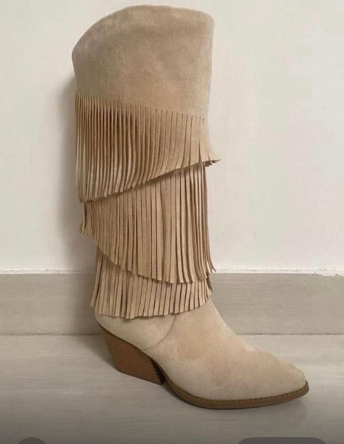 Suede Layered Fringe Knee-High Cowboy Boots -Beige