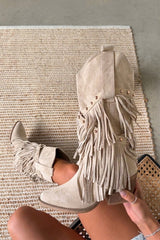 Western Fringe Mid-Calf Boots -Beige