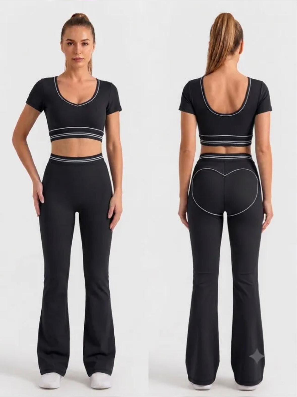 Flared Activewear Set – Crop Top & High-Waist Pants 2-Piece -Black