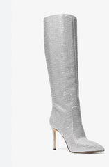 Crystal Rhinestone Pointed-Toe Knee-High Stiletto Boots -Silver