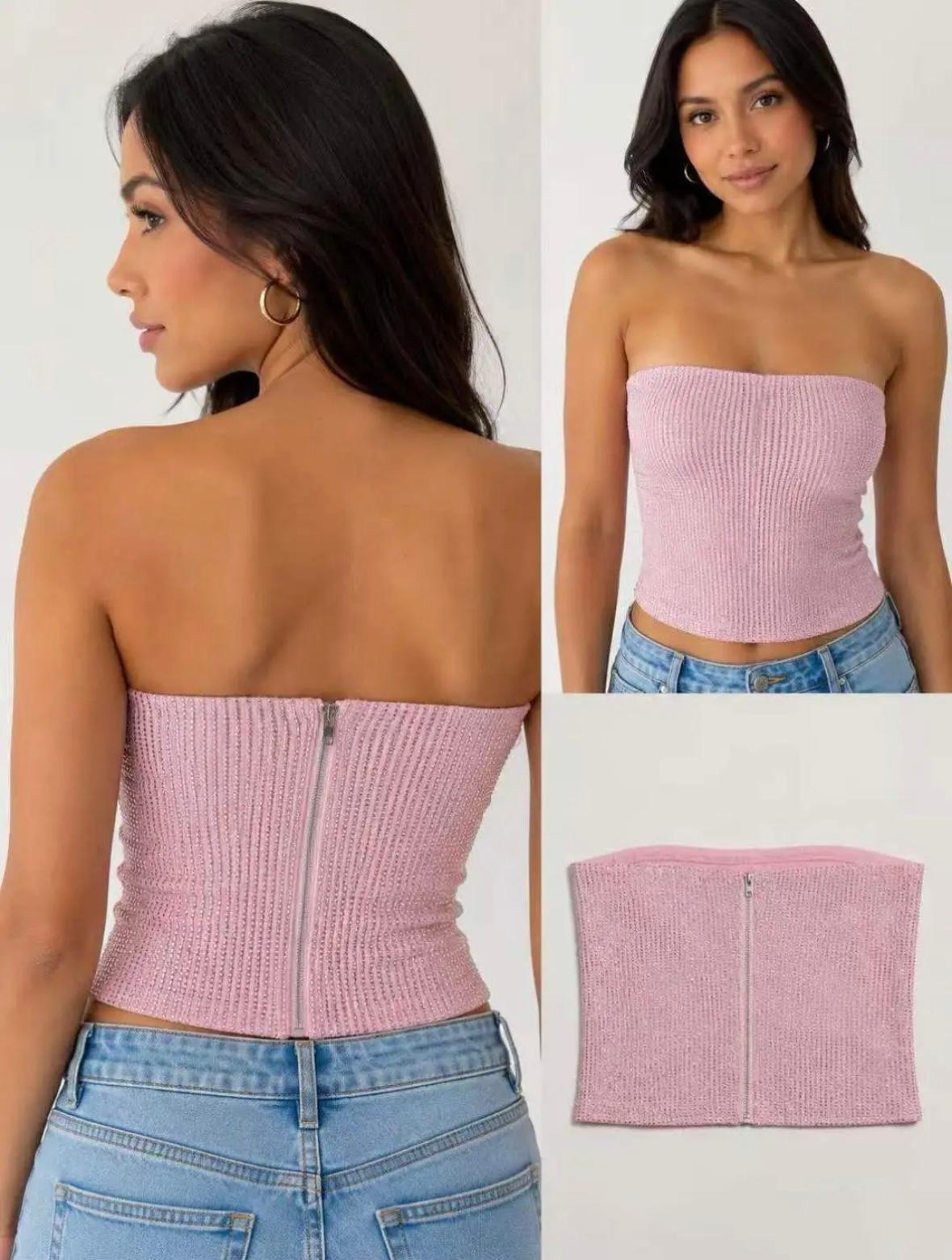 Shimmer Strapless Corset Tube Top -Pink