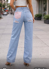 High-Waist Wide Leg Distressed Denim Jeans